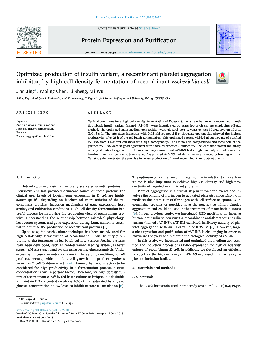 Optimized production of insulin variant, a recombinant platelet aggregation inhibitor, by high cell-density fermentation of recombinant Escherichia coli