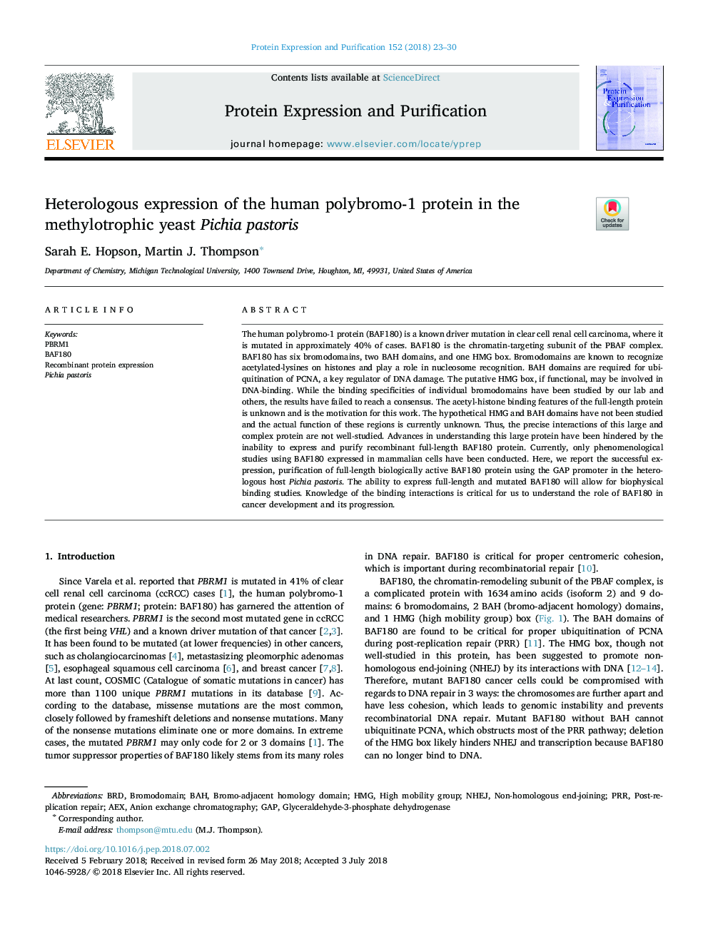 Heterologous expression of the human polybromo-1 protein in the methylotrophic yeast Pichia pastoris