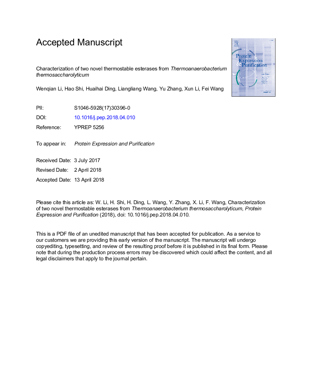 Characterization of two novel thermostable esterases from Thermoanaerobacterium thermosaccharolyticum