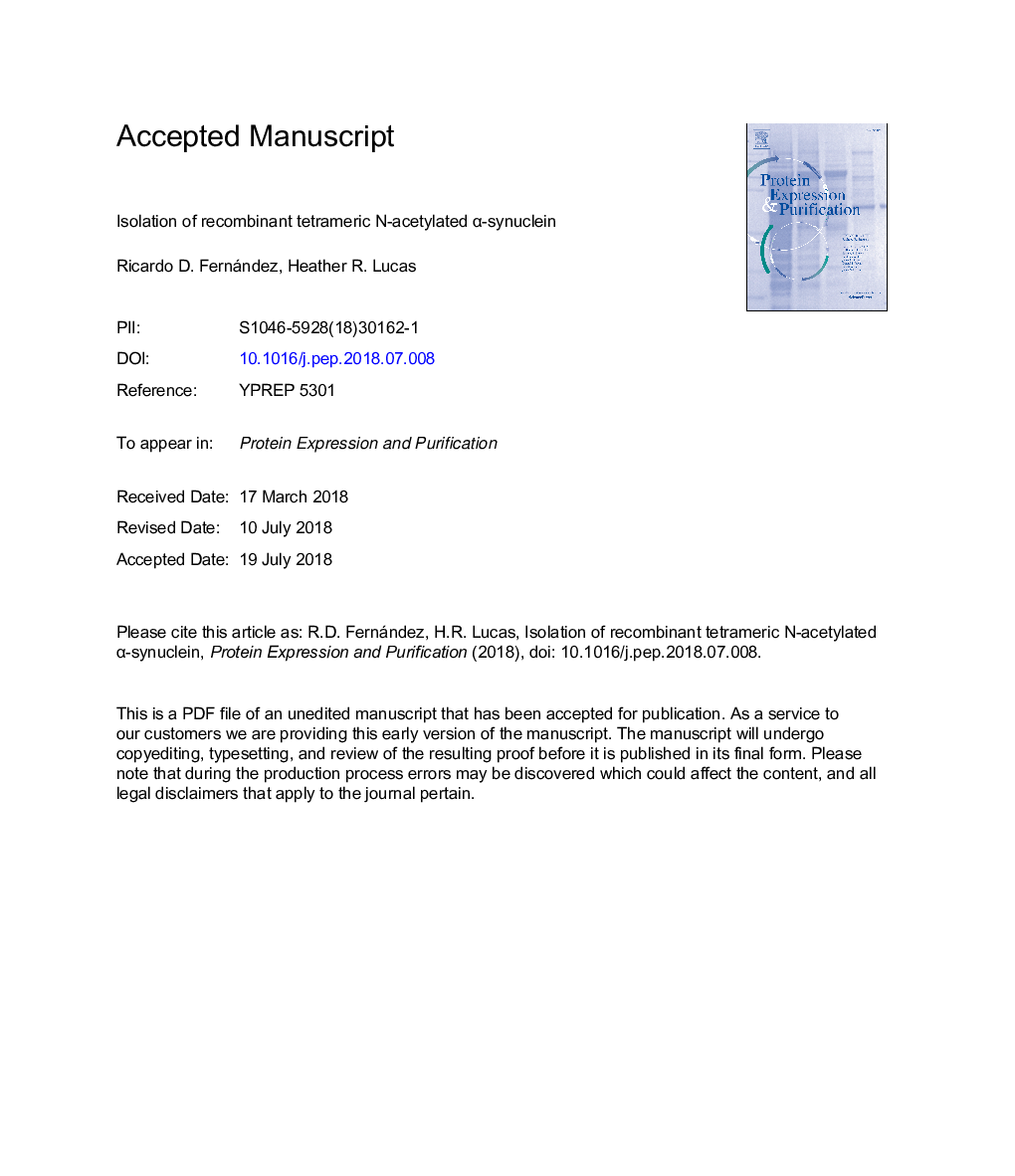 Isolation of recombinant tetrameric N-acetylated Î±-synuclein