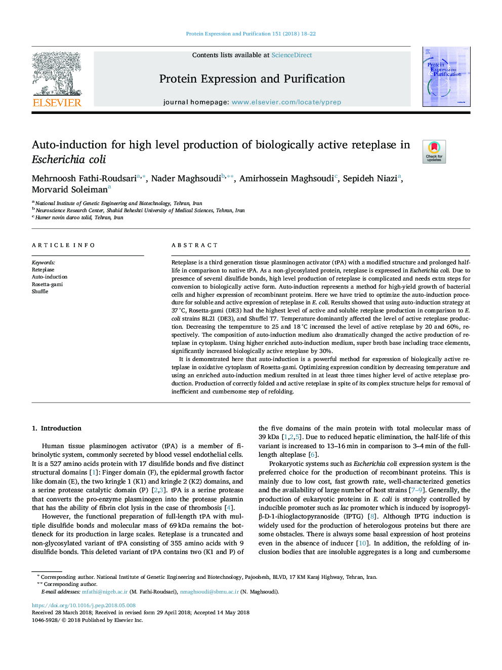 Auto-induction for high level production of biologically active reteplase in Escherichia coli