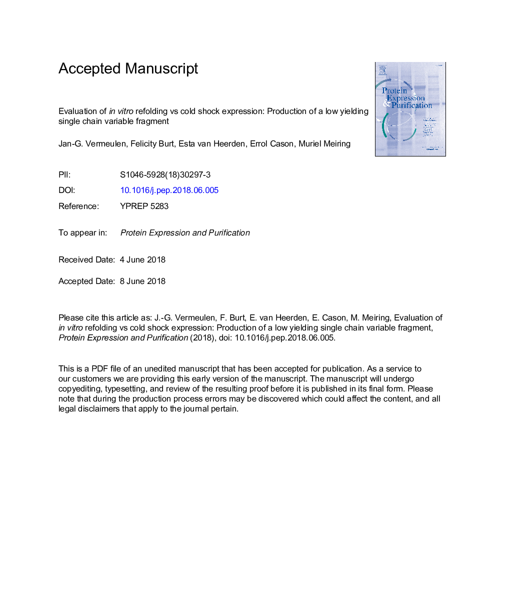 Evaluation of in vitro refolding vs cold shock expression: Production of a low yielding single chain variable fragment