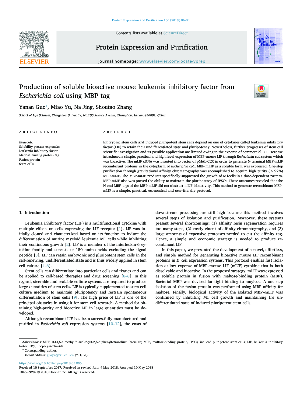 Production of soluble bioactive mouse leukemia inhibitory factor from Escherichia coli using MBP tag