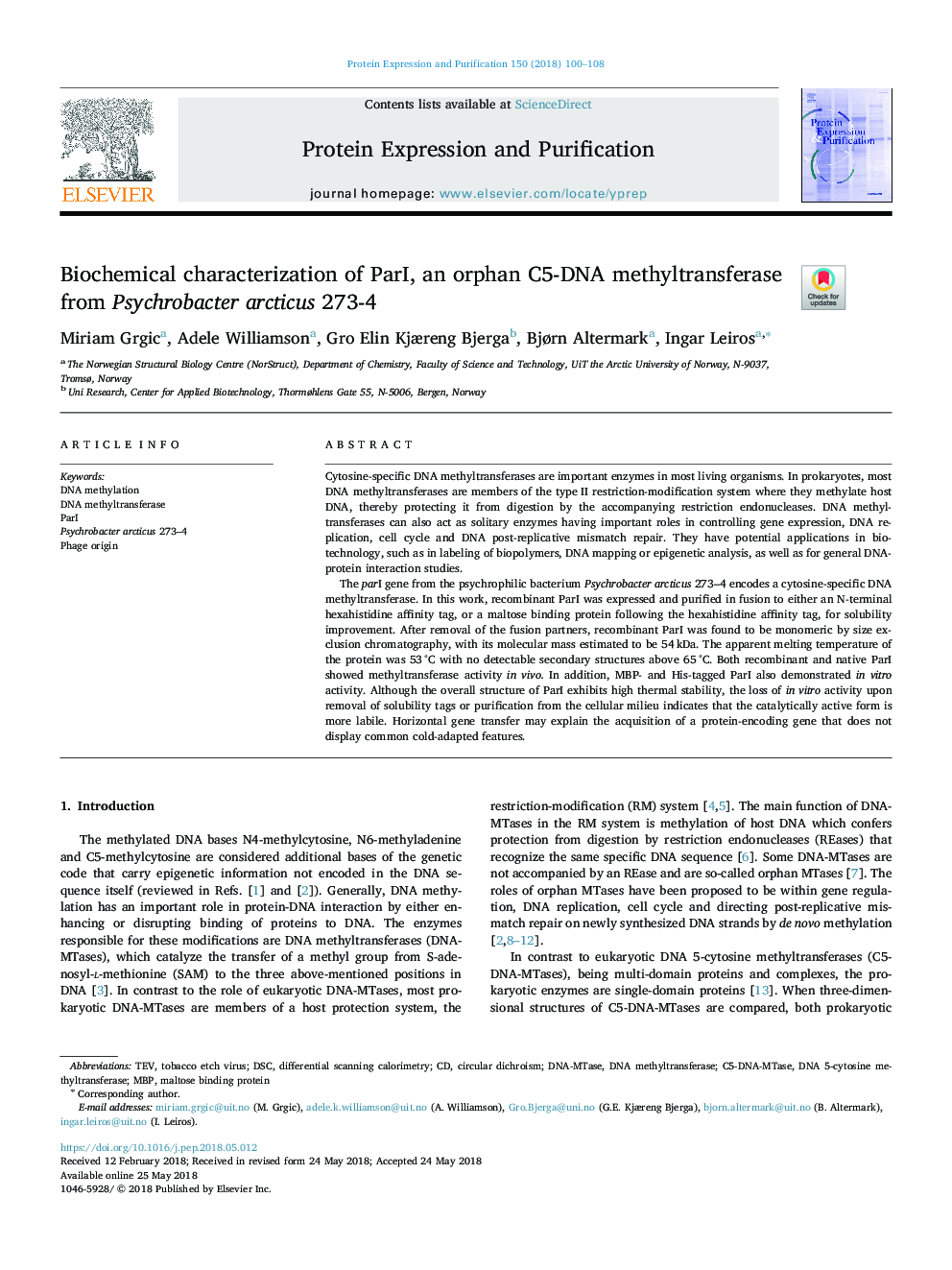 Biochemical characterization of ParI, an orphan C5-DNA methyltransferase from Psychrobacter arcticus 273-4