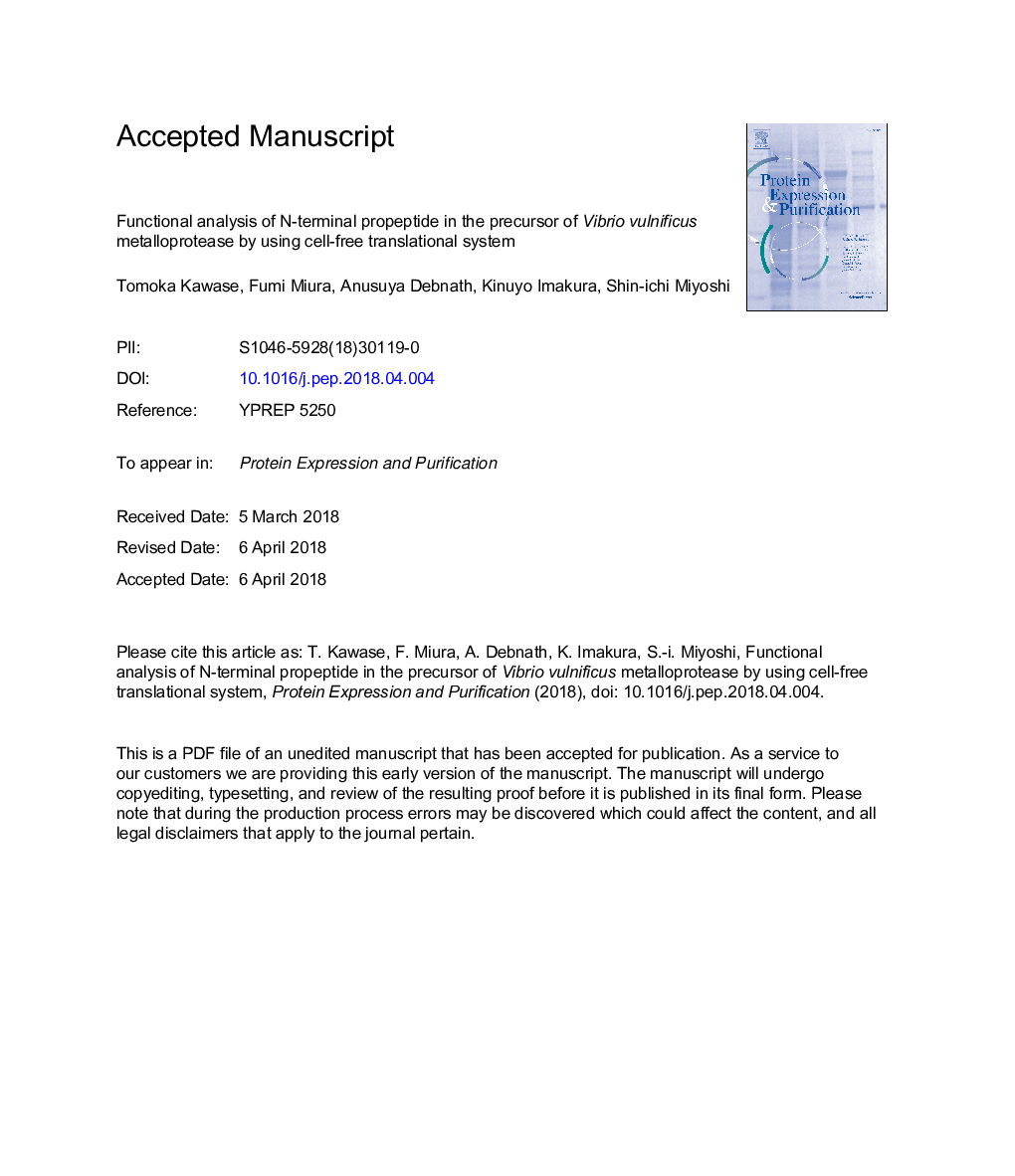 Functional analysis of N-terminal propeptide in the precursor of Vibrio vulnificus metalloprotease by using cell-free translational system