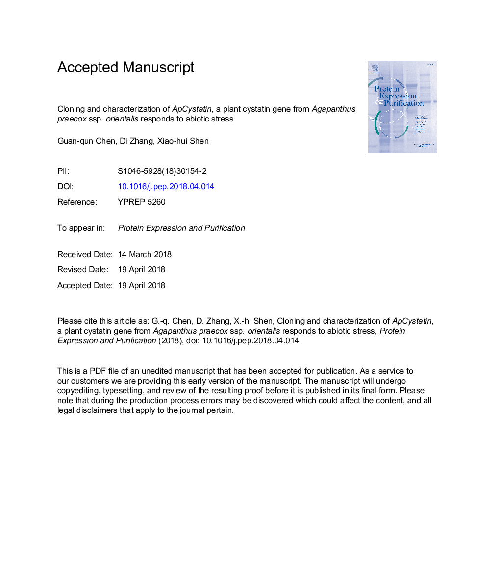 Cloning and characterization of ApCystatin, a plant cystatin gene from Agapanthus praecox ssp. orientalis responds to abiotic stress