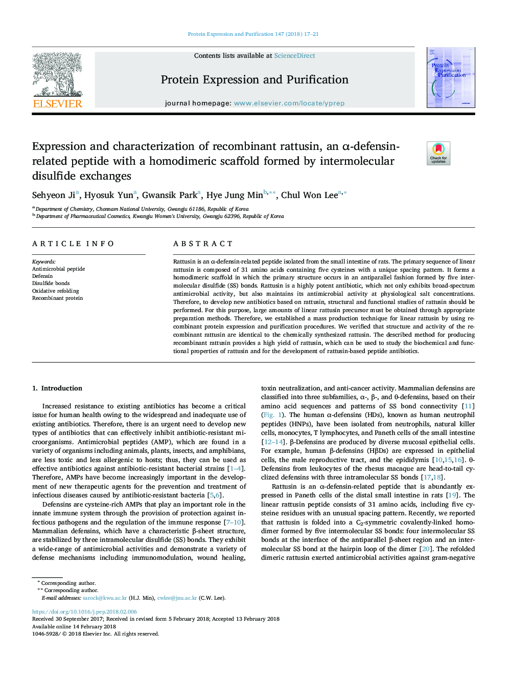 Expression and characterization of recombinant rattusin, an Î±-defensin-related peptide with a homodimeric scaffold formed by intermolecular disulfide exchanges