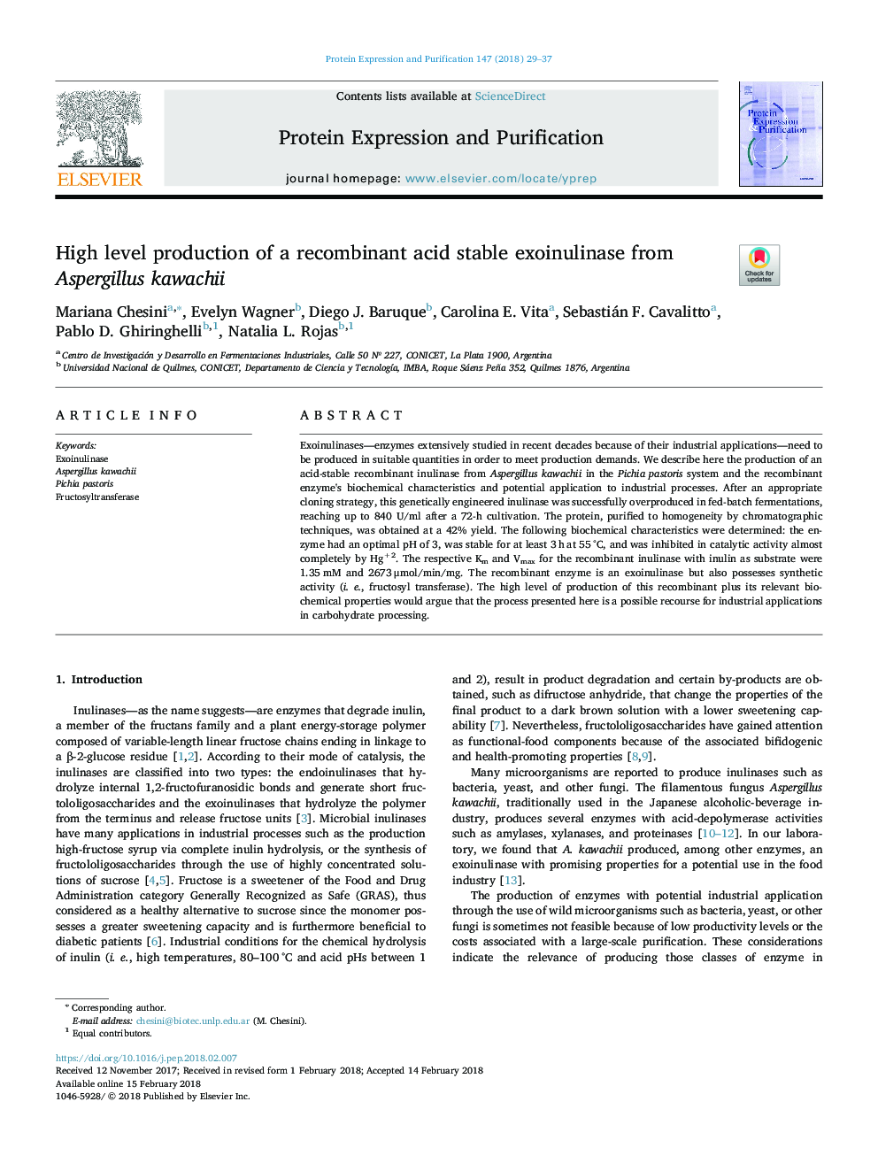 High level production of a recombinant acid stable exoinulinase from Aspergillus kawachii