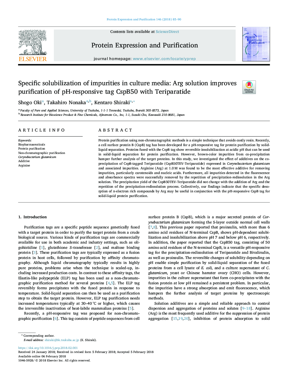 Specific solubilization of impurities in culture media: Arg solution improves purification of pH-responsive tag CspB50 with Teriparatide