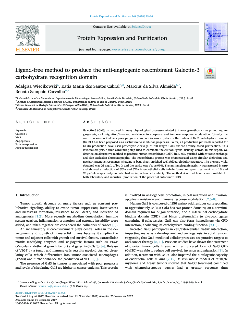 Ligand-free method to produce the anti-angiogenic recombinant Galectin-3 carbohydrate recognition domain