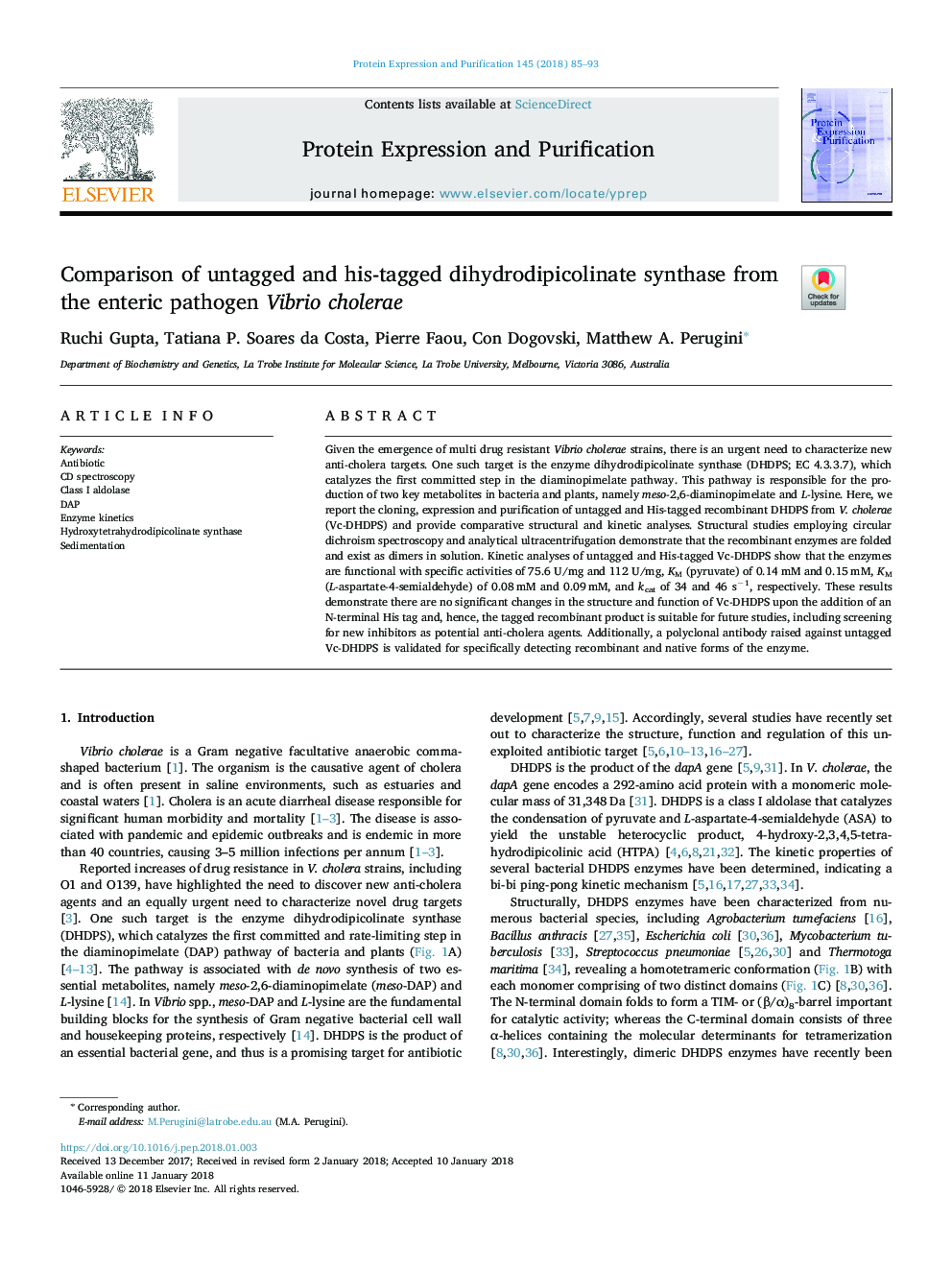 Comparison of untagged and his-tagged dihydrodipicolinate synthase from the enteric pathogen Vibrio cholerae