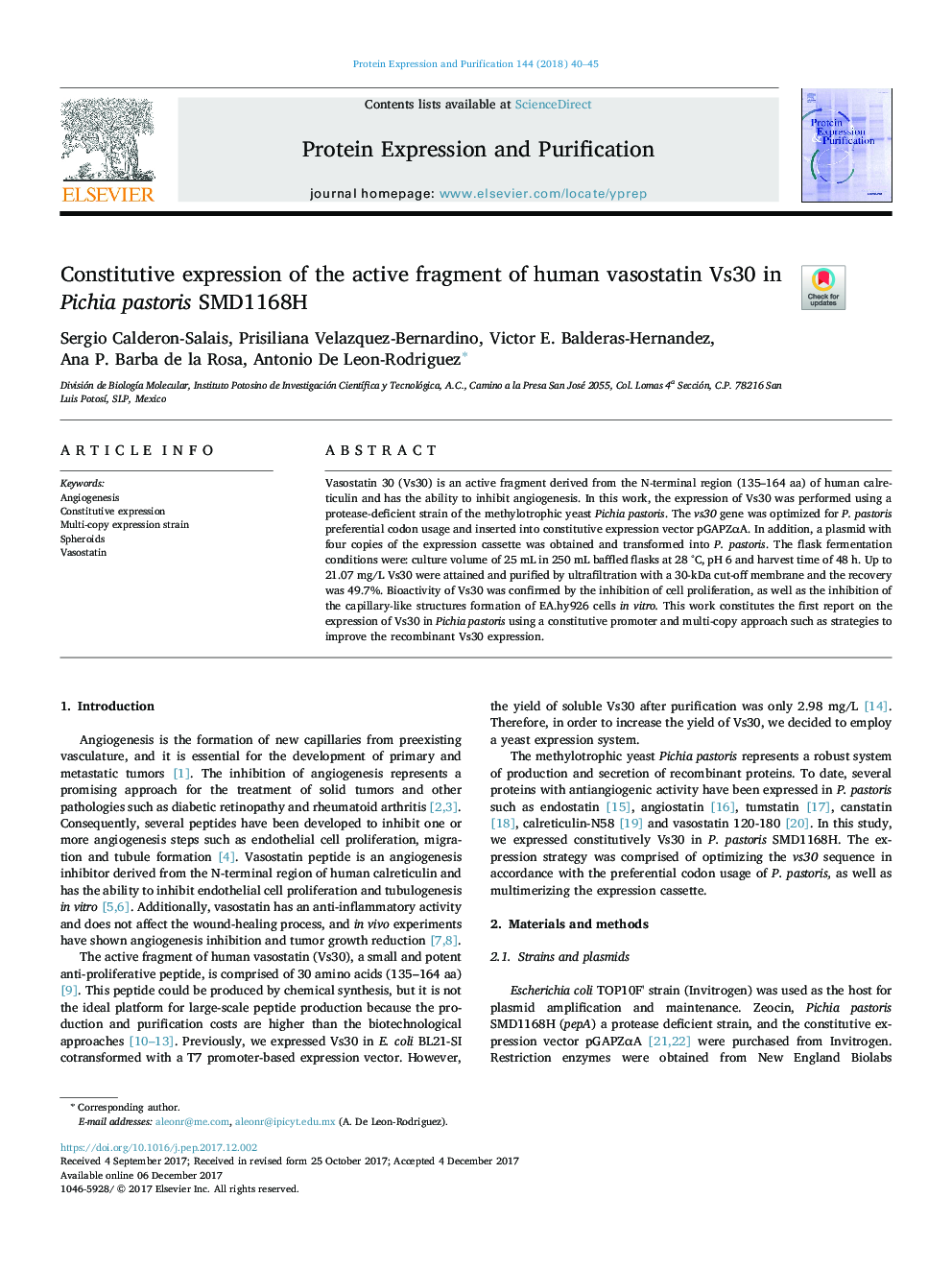 Constitutive expression of the active fragment of human vasostatin Vs30 in Pichia pastoris SMD1168H