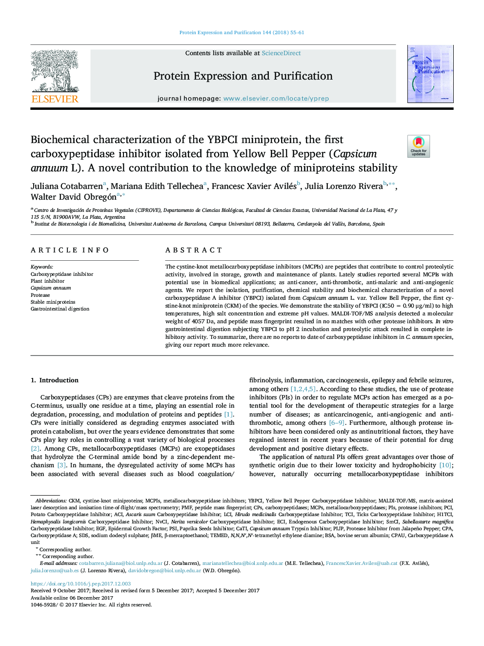 Biochemical characterization of the YBPCI miniprotein, the first carboxypeptidase inhibitor isolated from Yellow Bell Pepper (Capsicum annuum L). A novel contribution to the knowledge of miniproteins stability