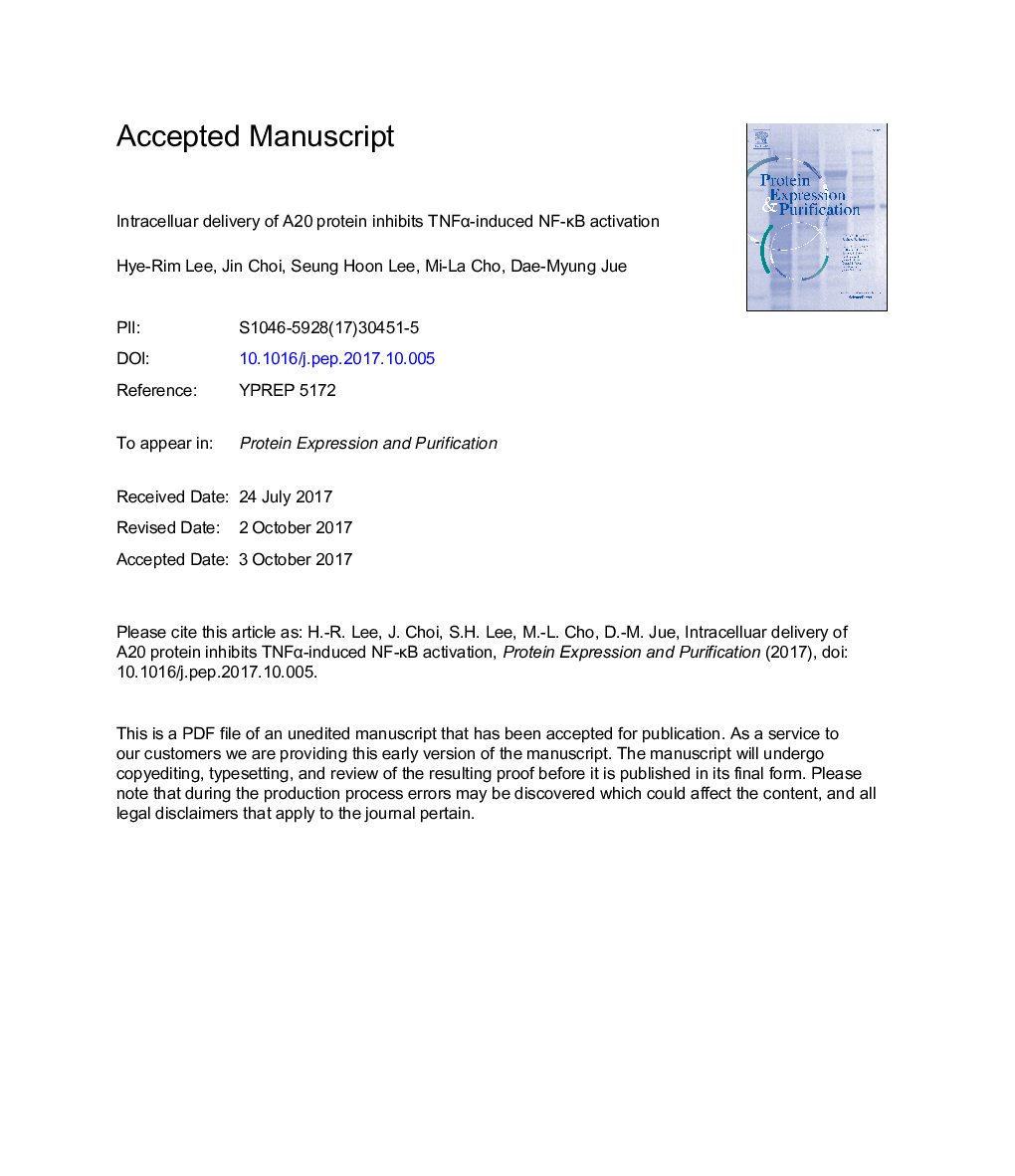 Intracelluar delivery of A20 protein inhibits TNFÎ±-induced NF-ÎºB activation