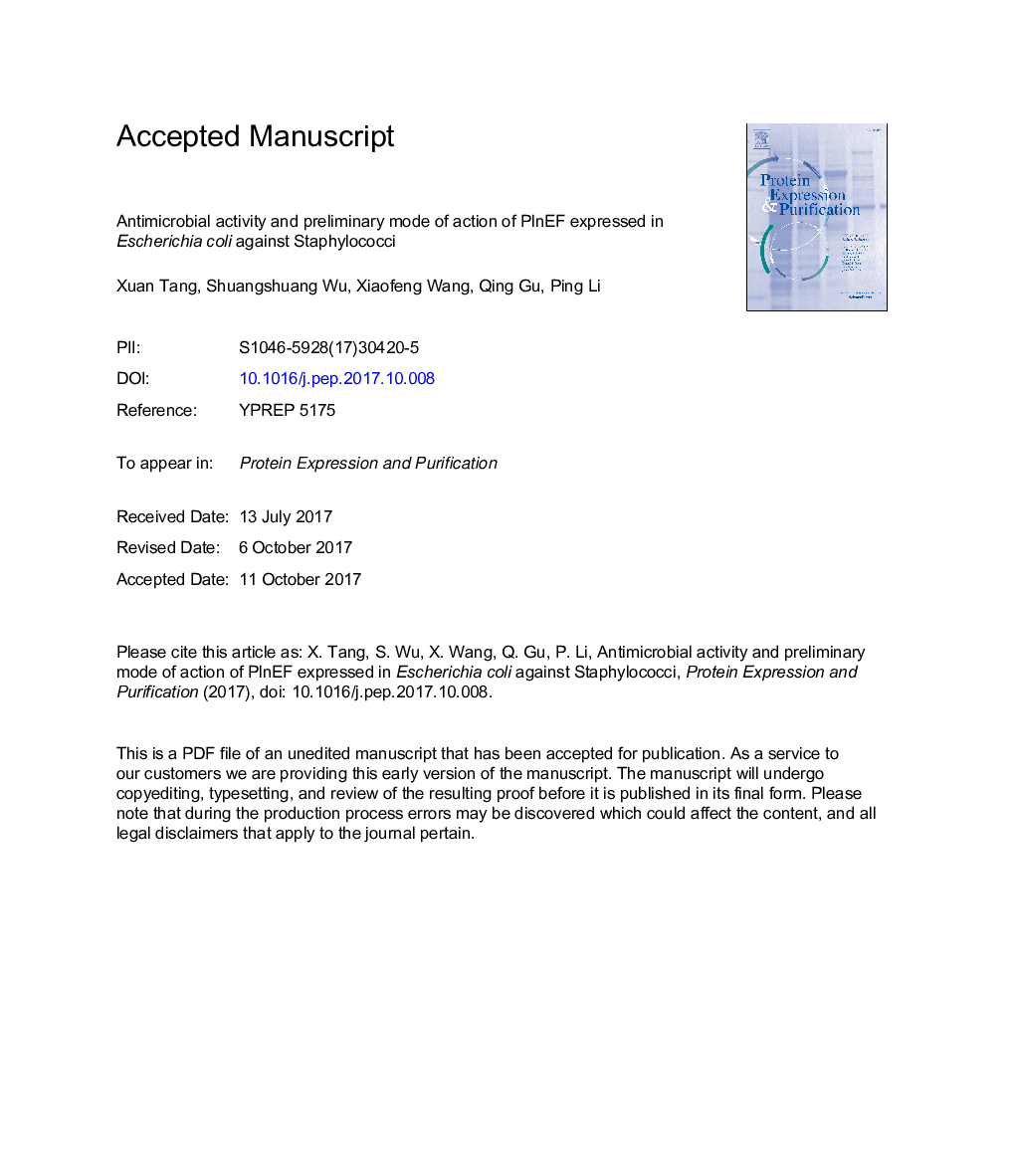 Antimicrobial activity and preliminary mode of action of PlnEF expressed in Escherichia coli against Staphylococci