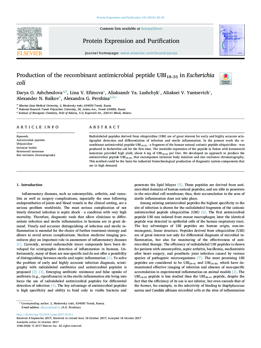 Production of the recombinant antimicrobial peptide UBI18-35 in Escherichia coli