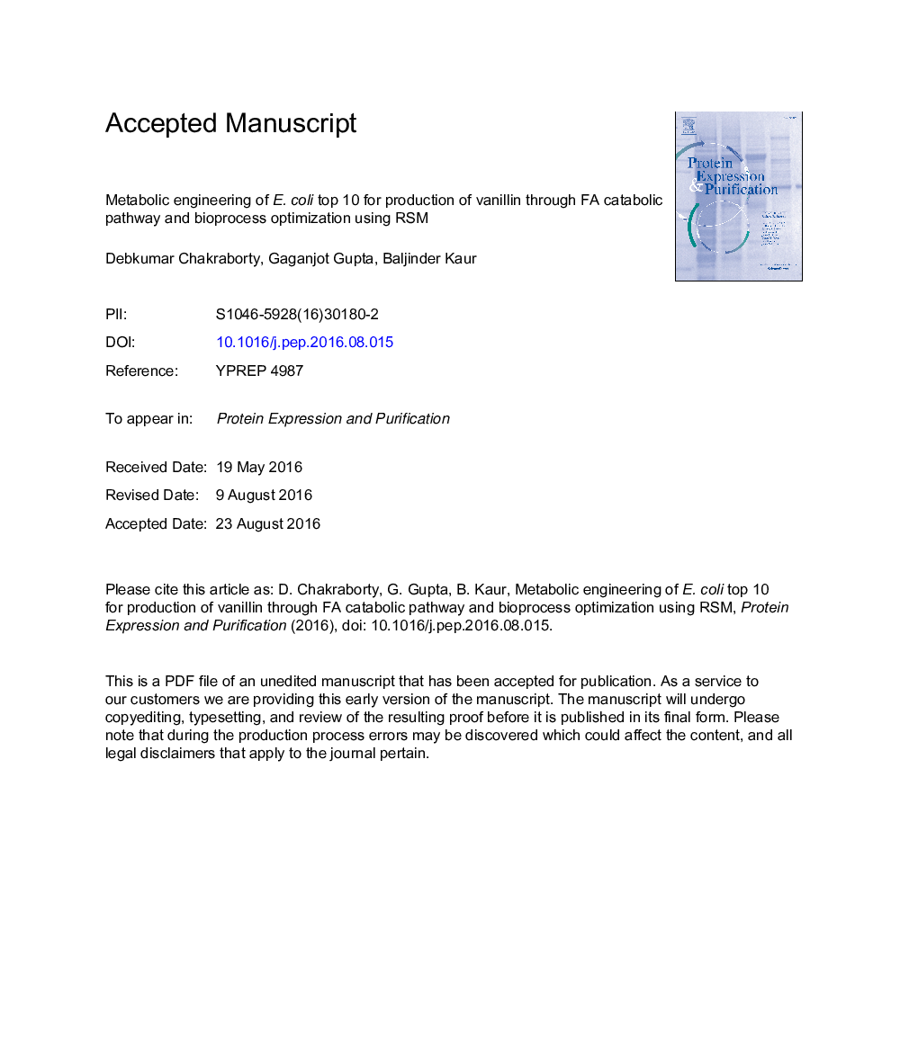 Metabolic engineering of E.Â coli top 10 for production of vanillin through FA catabolic pathway and bioprocess optimization using RSM