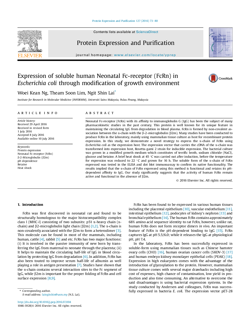 Expression of soluble human Neonatal Fc-receptor (FcRn) in Escherichia coli through modification of growth environment