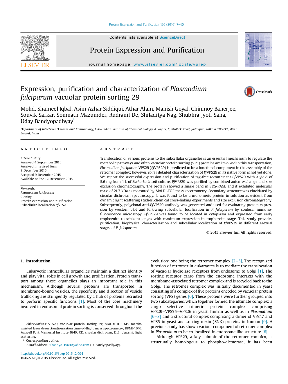 Expression, purification and characterization of Plasmodium falciparum vacuolar protein sorting 29