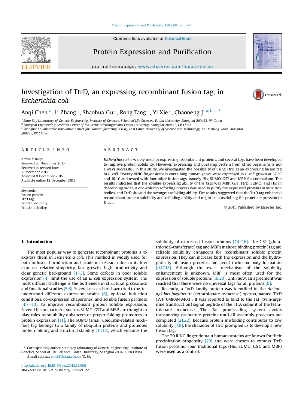 Investigation of TtrD, an expressing recombinant fusion tag, in Escherichia coli