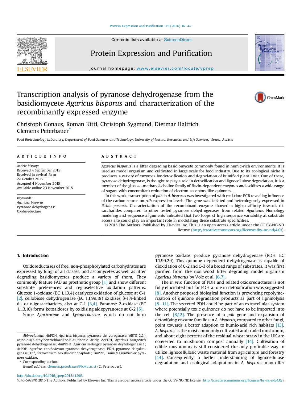 Transcription analysis of pyranose dehydrogenase from the basidiomycete Agaricus bisporus and characterization of the recombinantly expressed enzyme