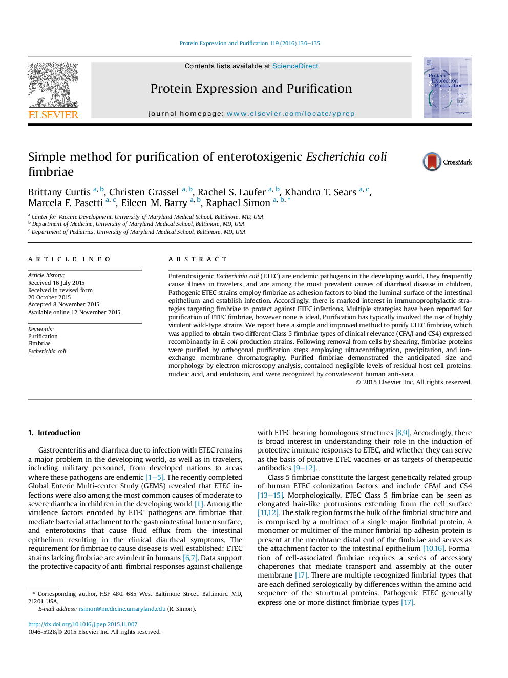 Simple method for purification of enterotoxigenic Escherichia coli fimbriae