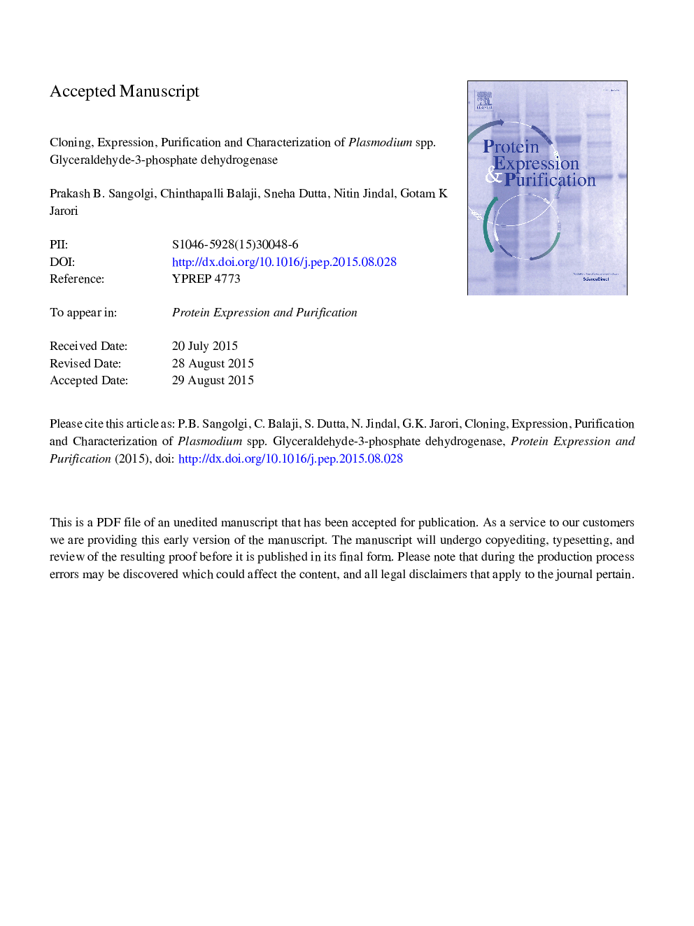 Cloning, expression, purification and characterization of Plasmodium spp. glyceraldehyde-3-phosphate dehydrogenase