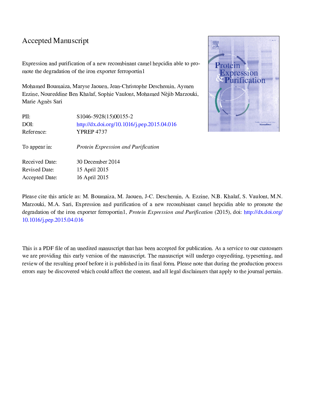 Expression and purification of a new recombinant camel hepcidin able to promote the degradation of the iron exporter ferroportin1