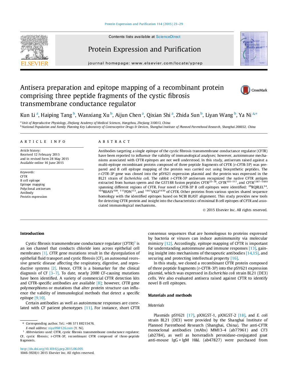 Antisera preparation and epitope mapping of a recombinant protein comprising three peptide fragments of the cystic fibrosis transmembrane conductance regulator