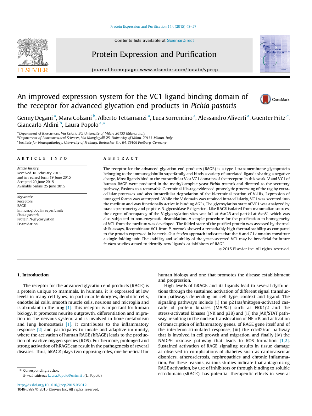 An improved expression system for the VC1 ligand binding domain of the receptor for advanced glycation end products in Pichia pastoris