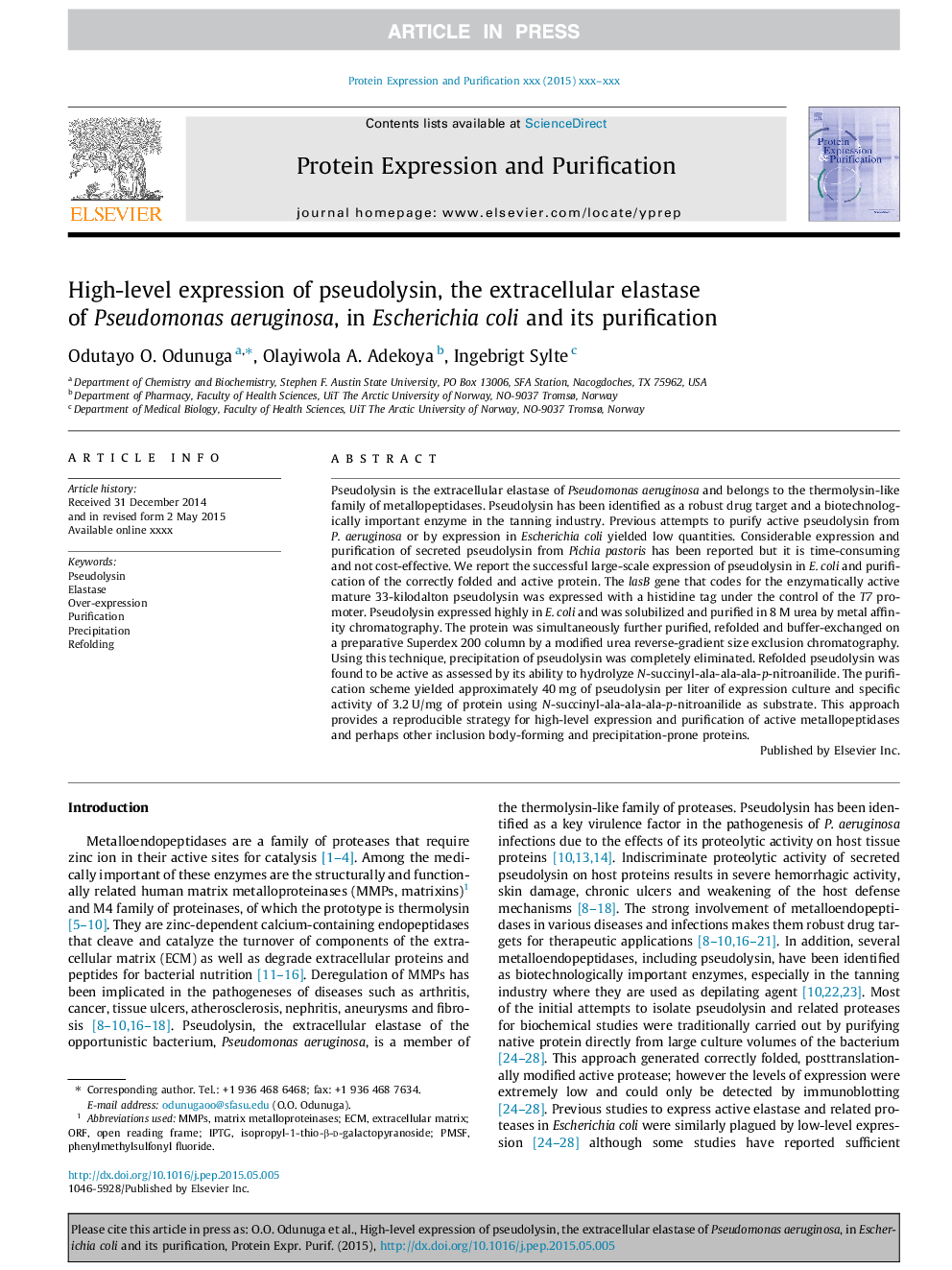 High-level expression of pseudolysin, the extracellular elastase of Pseudomonas aeruginosa, in Escherichia coli and its purification