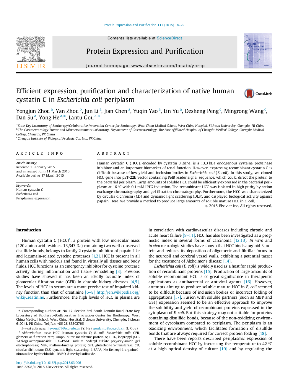 Efficient expression, purification and characterization of native human cystatin C in Escherichia coli periplasm