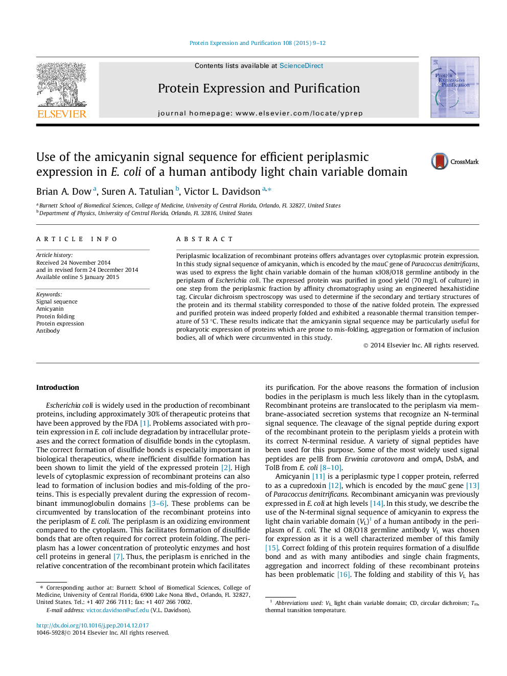 Use of the amicyanin signal sequence for efficient periplasmic expression in E. coli of a human antibody light chain variable domain