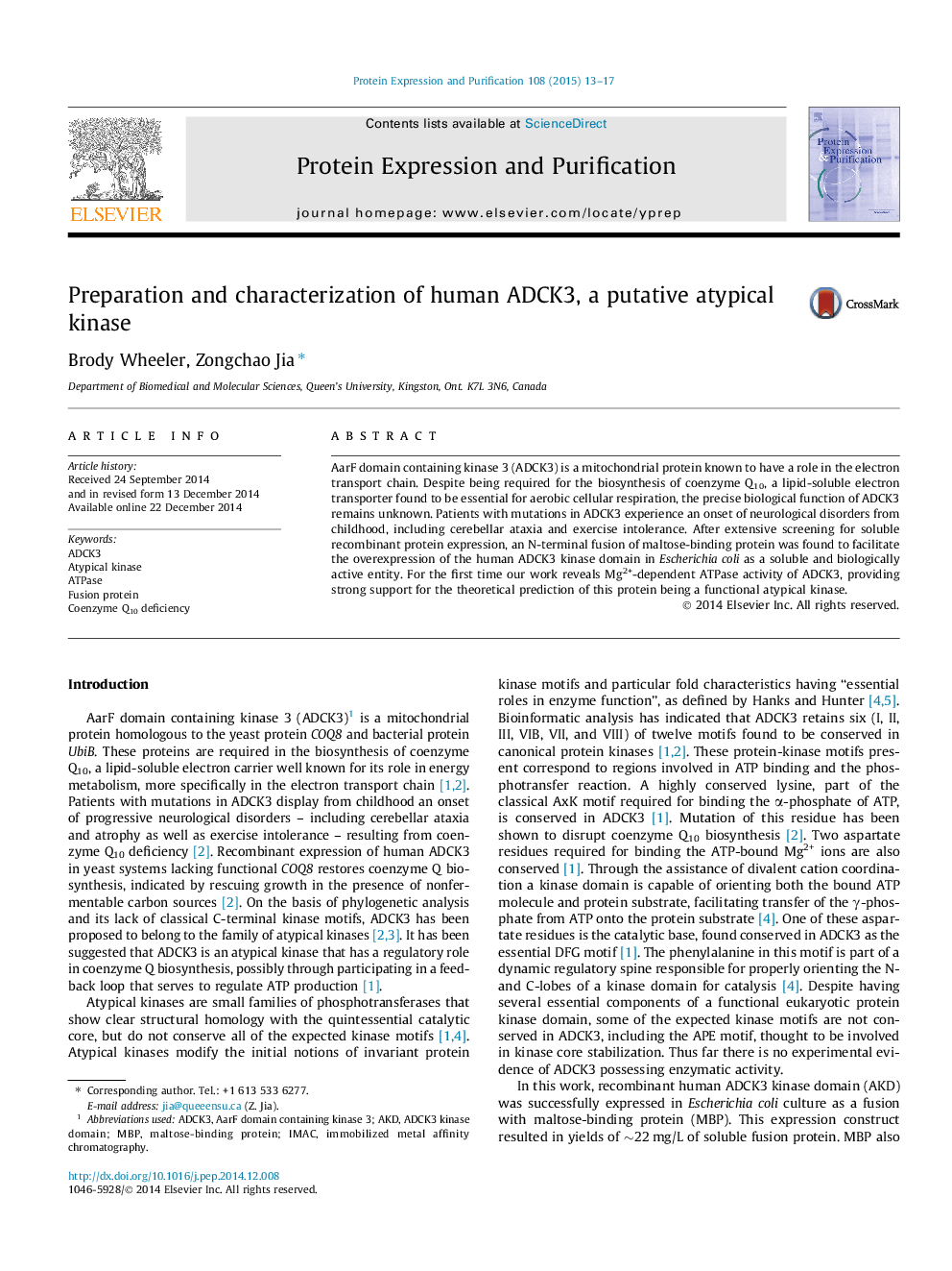 Preparation and characterization of human ADCK3, a putative atypical kinase