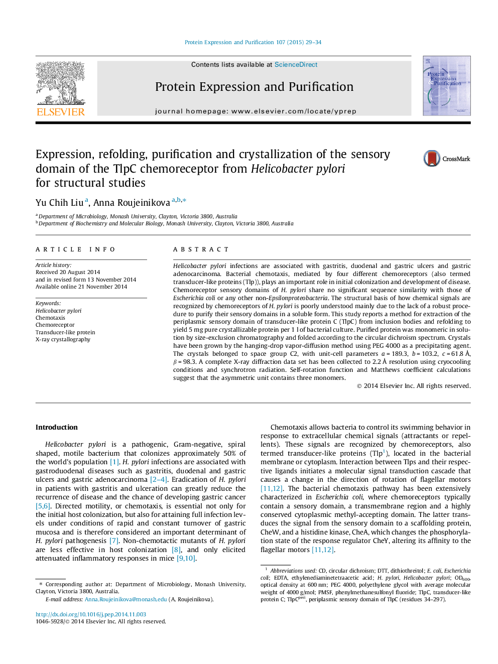 Expression, refolding, purification and crystallization of the sensory domain of the TlpC chemoreceptor from Helicobacter pylori for structural studies