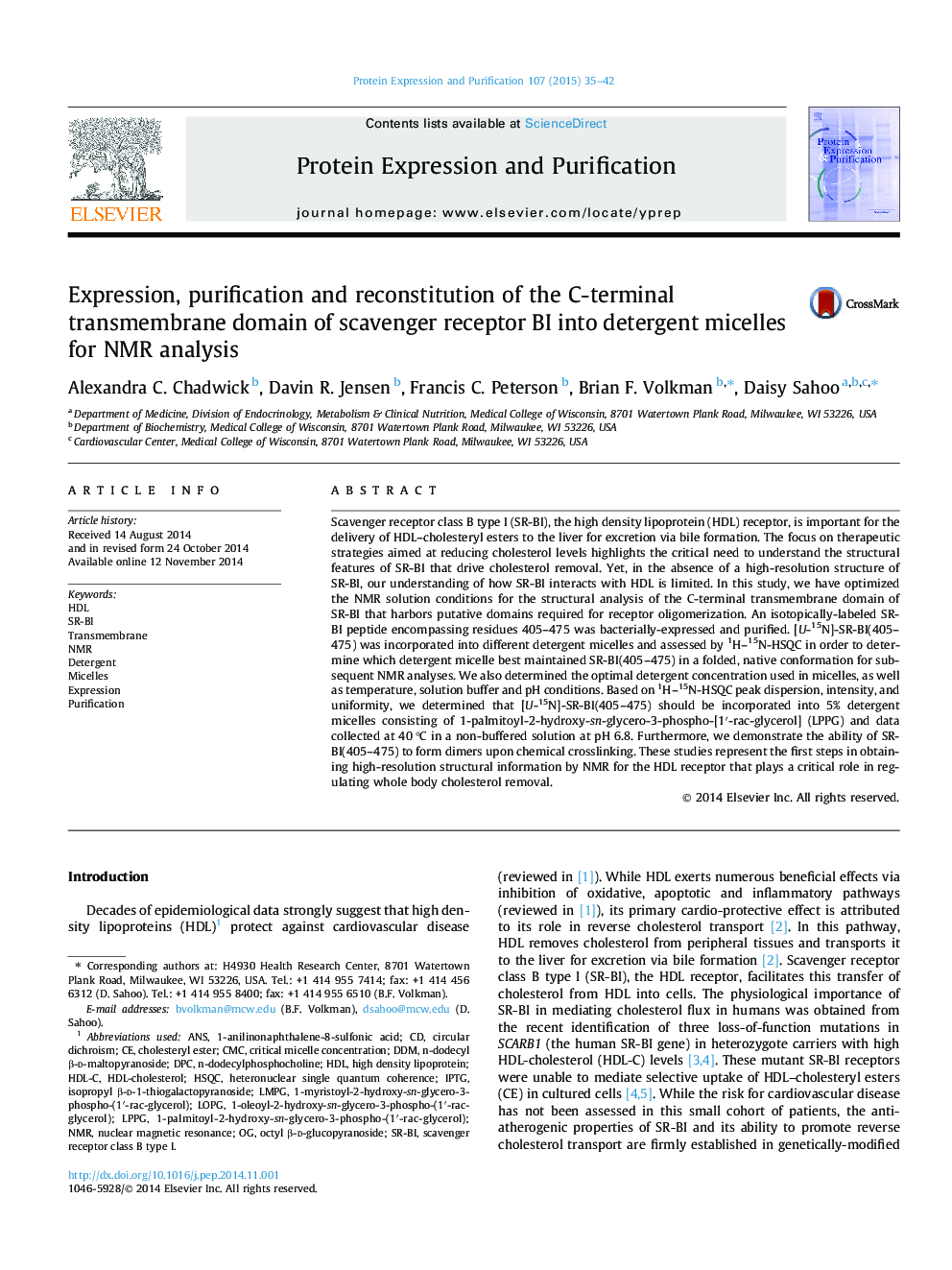 Expression, purification and reconstitution of the C-terminal transmembrane domain of scavenger receptor BI into detergent micelles for NMR analysis