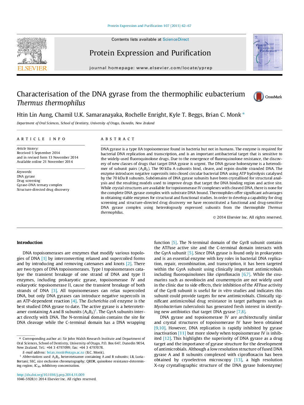 Characterisation of the DNA gyrase from the thermophilic eubacterium Thermus thermophilus