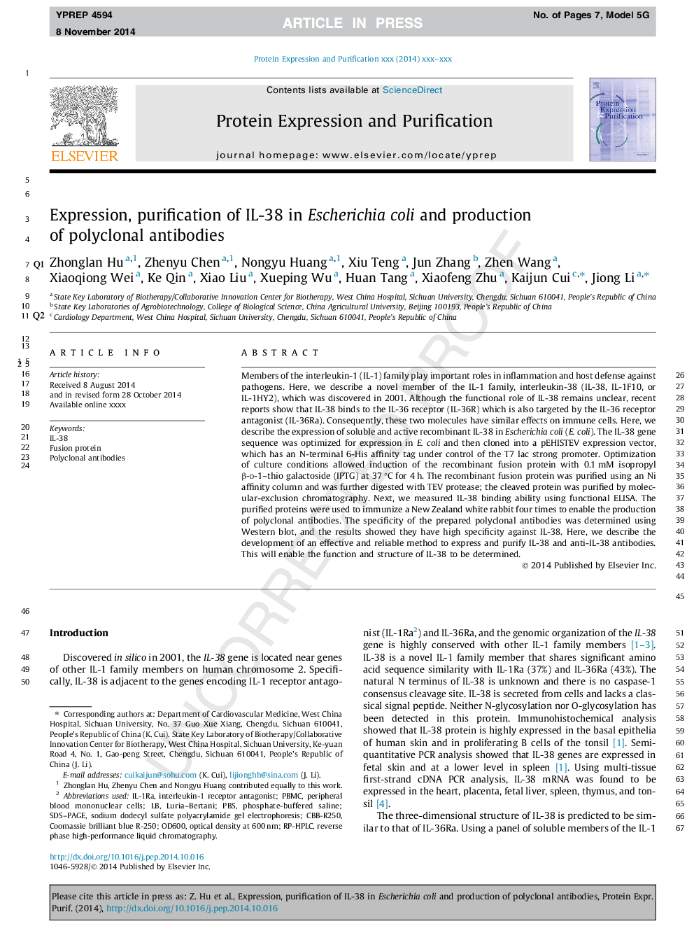 Expression, purification of IL-38 in Escherichia coli and production of polyclonal antibodies