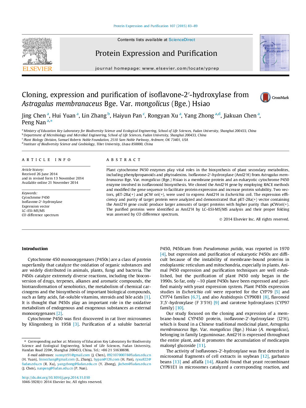 Cloning, expression and purification of isoflavone-2â²-hydroxylase from Astragalus membranaceus Bge. Var. mongolicus (Bge.) Hsiao