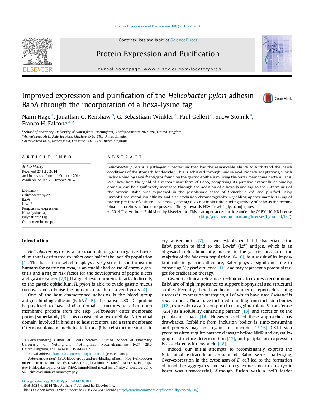 Improved expression and purification of the Helicobacter pylori adhesin BabA through the incorporation of a hexa-lysine tag