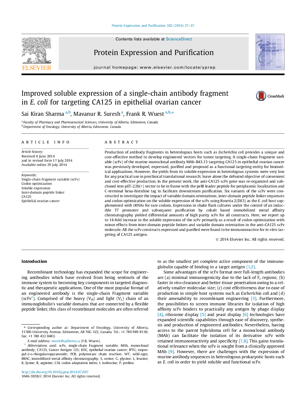 عکس صفحه اول مقاله: Improved soluble expression of a single-chain antibody fragment in E. coli for targeting CA125 in epithelial ovarian cancer Improved soluble expression of a single-chain antibody fragment in E. coli for targeting CA125 in epithelial ovarian cancer