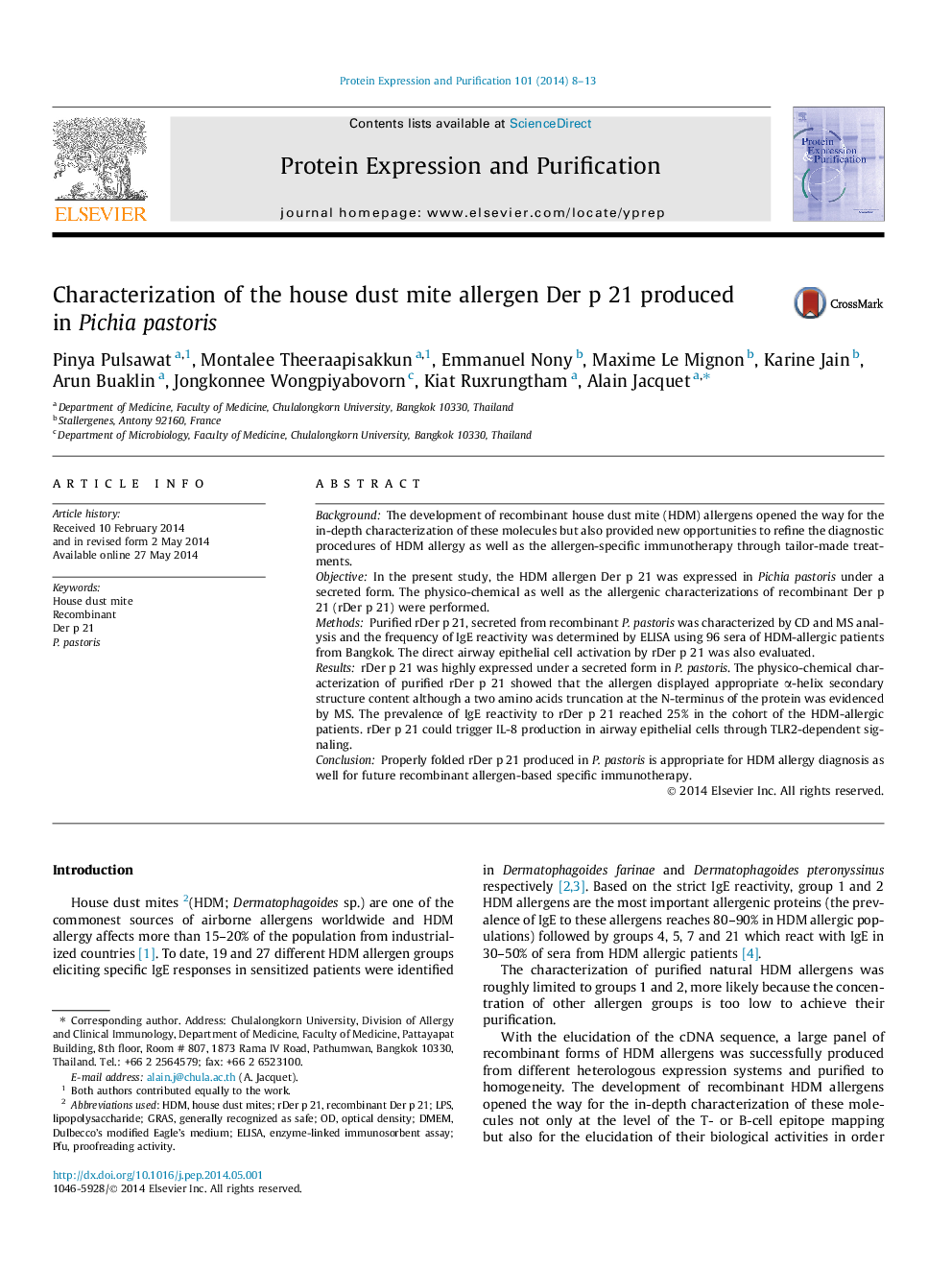 Characterization of the house dust mite allergen Der p 21 produced in Pichia pastoris