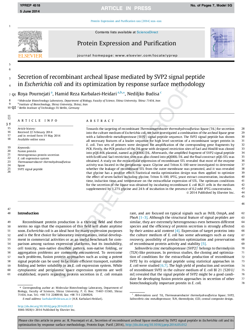 Secretion of recombinant archeal lipase mediated by SVP2 signal peptide in Escherichia coli and its optimization by response surface methodology