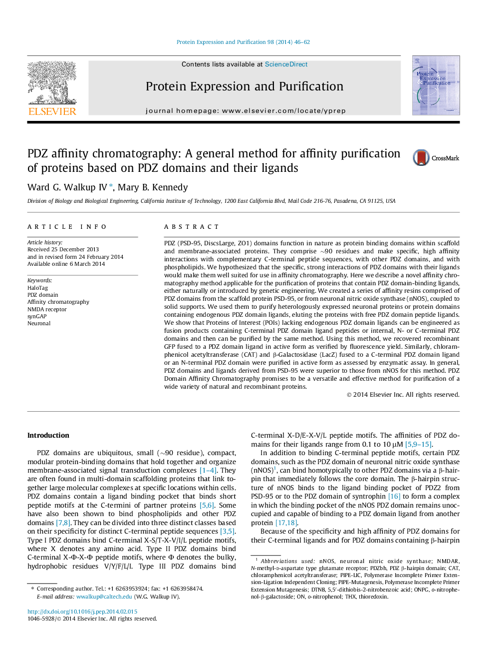 PDZ affinity chromatography: A general method for affinity purification of proteins based on PDZ domains and their ligands