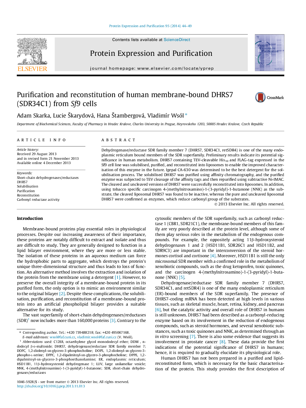 Purification and reconstitution of human membrane-bound DHRS7 (SDR34C1) from Sf9 cells