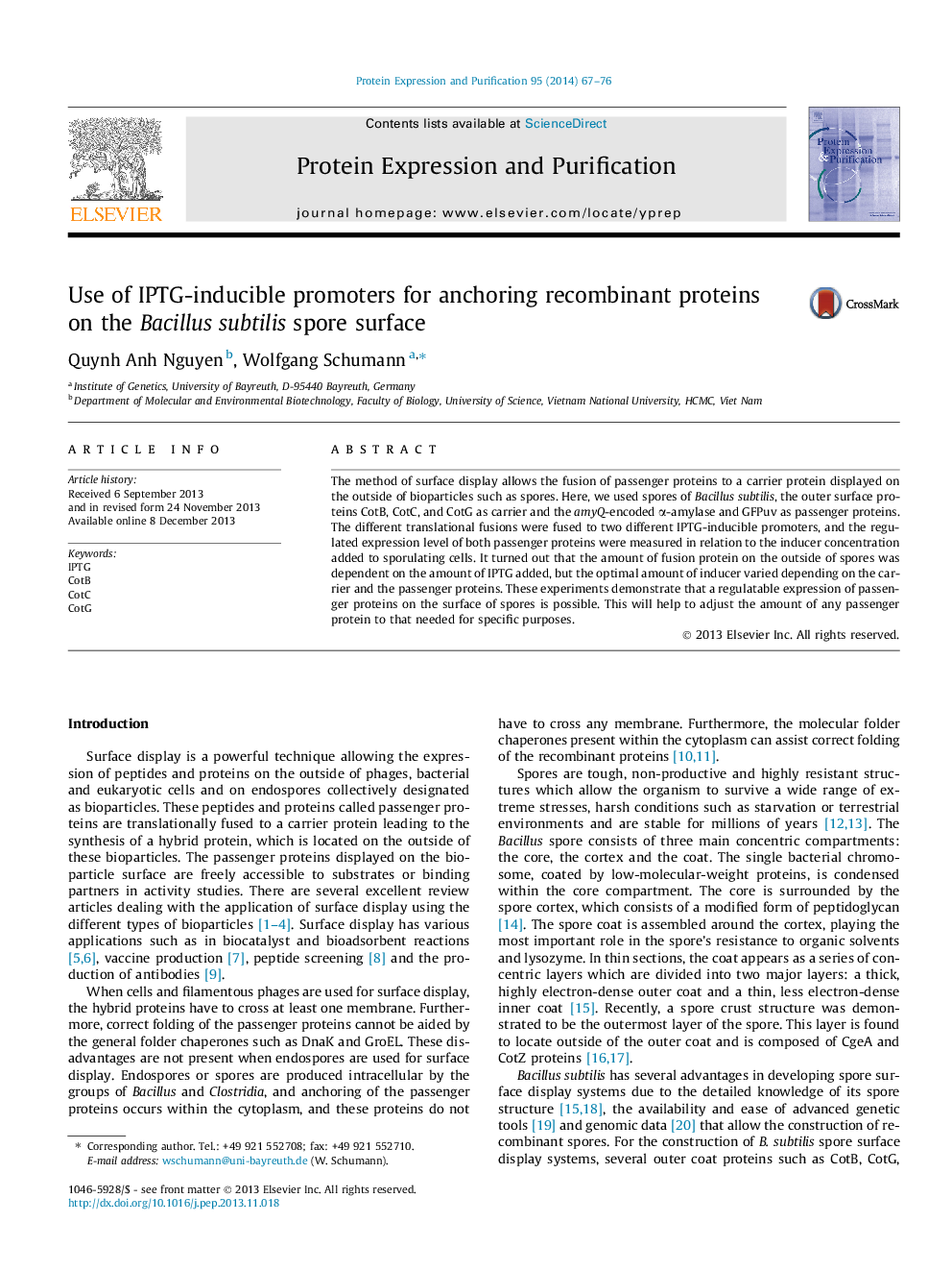 Use of IPTG-inducible promoters for anchoring recombinant proteins on the Bacillus subtilis spore surface