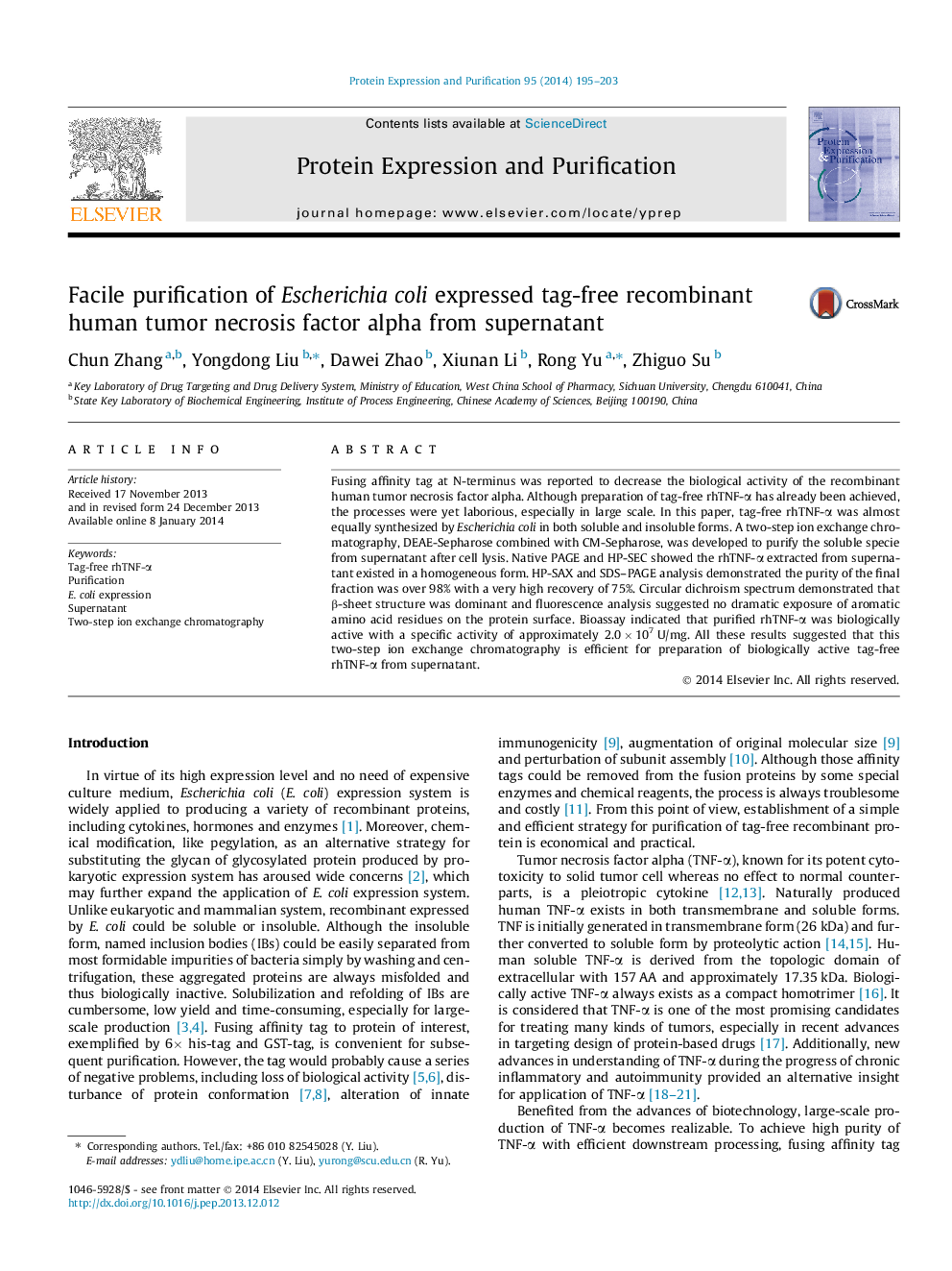 Facile purification of Escherichia coli expressed tag-free recombinant human tumor necrosis factor alpha from supernatant