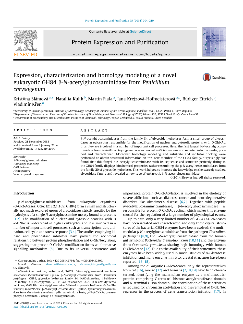 Expression, characterization and homology modeling of a novel eukaryotic GH84 Î²-N-acetylglucosaminidase from Penicillium chrysogenum