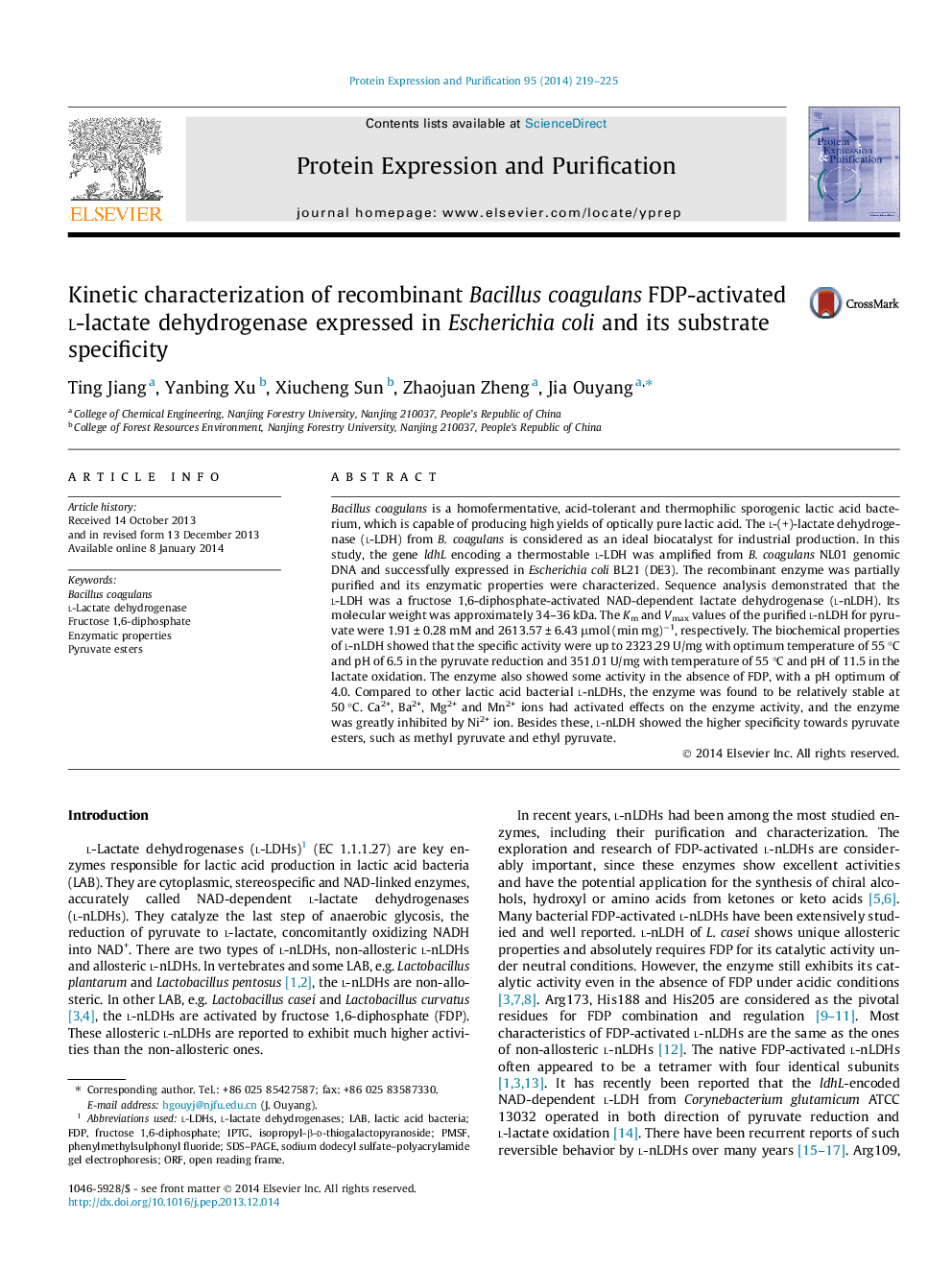 Kinetic characterization of recombinant Bacillus coagulans FDP-activated l-lactate dehydrogenase expressed in Escherichia coli and its substrate specificity