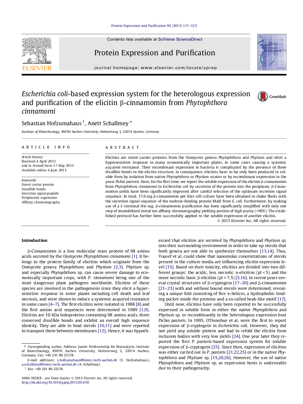 Escherichia coli-based expression system for the heterologous expression and purification of the elicitin Î²-cinnamomin from Phytophthora cinnamomi